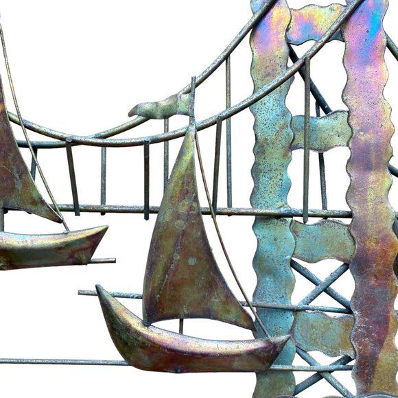 Vintage Mid Century Copper Metal Brutalist Style Wall Hanging Sailboats Bridge - Picture 14 of 16